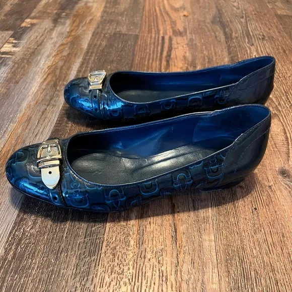 Gucci Blue Horsebit Patent Leather Flats