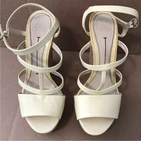 GUCCI Patent Cork‎ Striped Slingback Wedges Beige SIZE 5.5 Item #: 905772