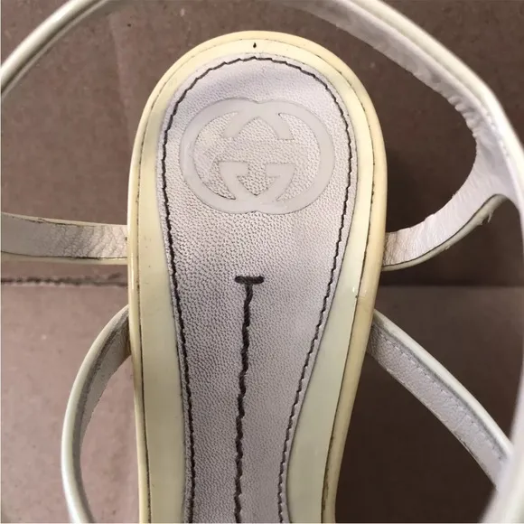 GUCCI Patent Cork‎ Striped Slingback Wedges Beige SIZE 5.5 Item #: 905772