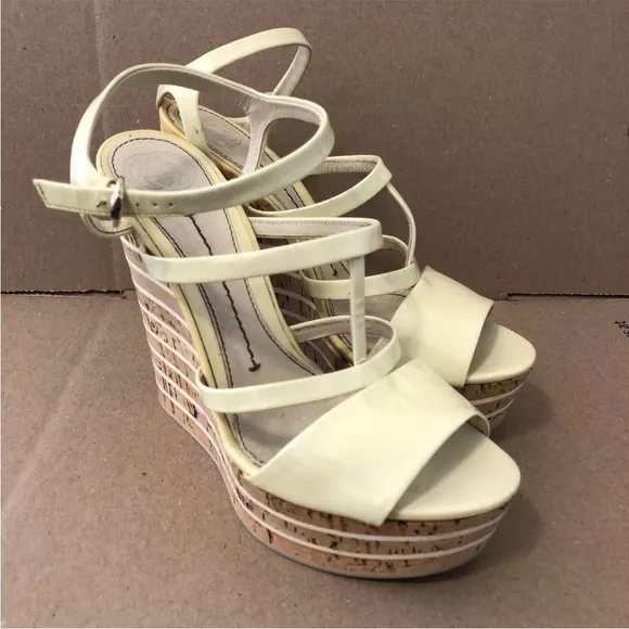 GUCCI Patent Cork‎ Striped Slingback Wedges Beige SIZE 5.5 Item #: 905772