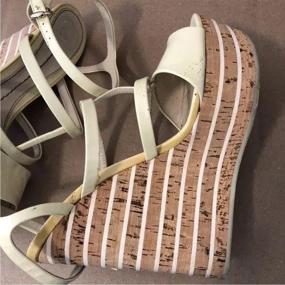 GUCCI Patent Cork‎ Striped Slingback Wedges Beige SIZE 5.5 Item #: 905772