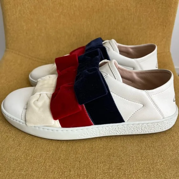 GUCCI Women's Ace Leather Velvet Bow Slip-On Sneakers Shoes, EU 35.5 / US 5.5