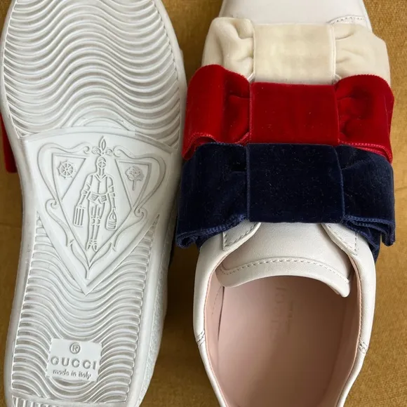 GUCCI Women's Ace Leather Velvet Bow Slip-On Sneakers Shoes, EU 35.5 / US 5.5