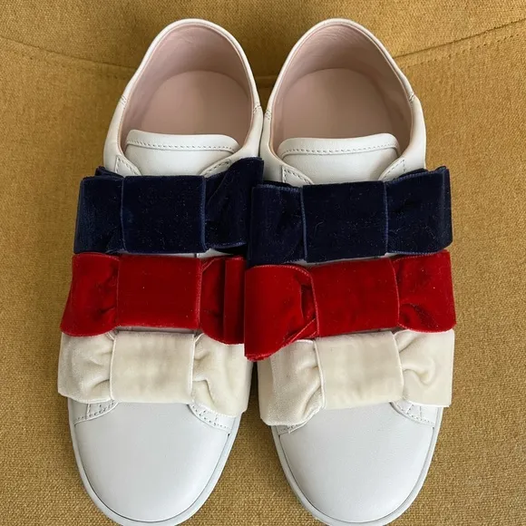 GUCCI Women's Ace Leather Velvet Bow Slip-On Sneakers Shoes, EU 35.5 / US 5.5