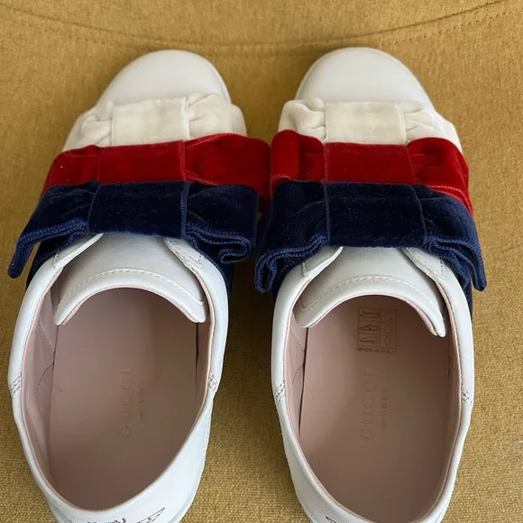 GUCCI Women's Ace Leather Velvet Bow Slip-On Sneakers Shoes, EU 35.5 / US 5.5