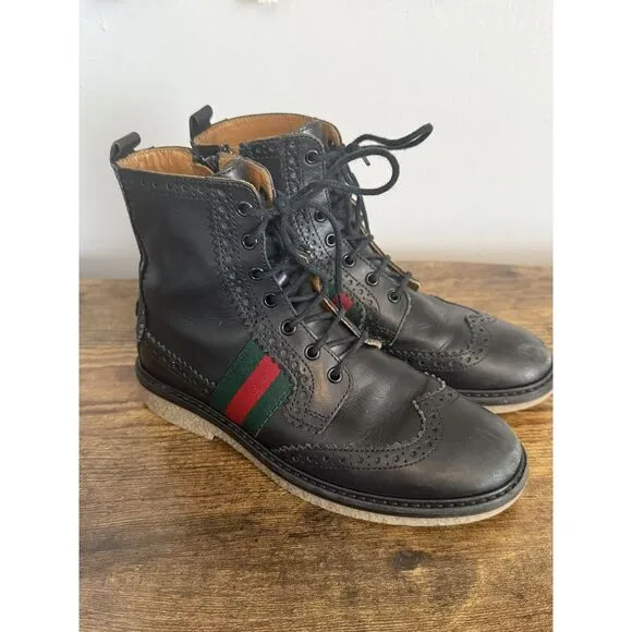 Gucci Youth US 13 Black Leather Combat Boots Side Zipper Wingtip‎ EU 31