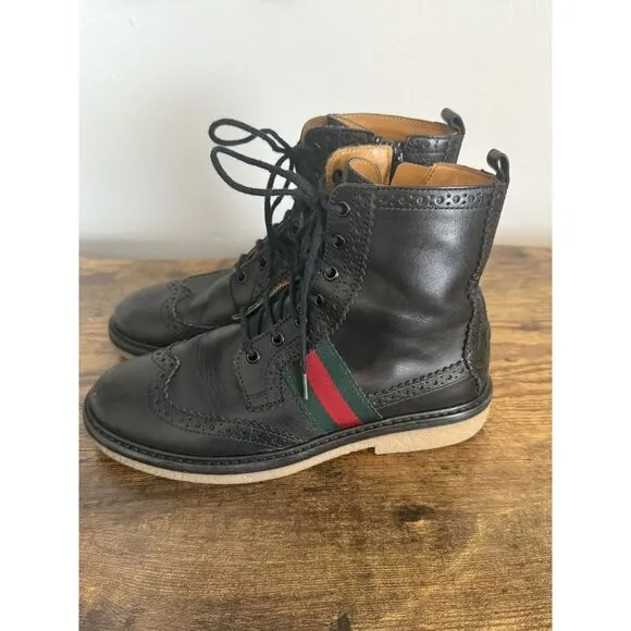 Gucci Youth US 13 Black Leather Combat Boots Side Zipper Wingtip‎ EU 31