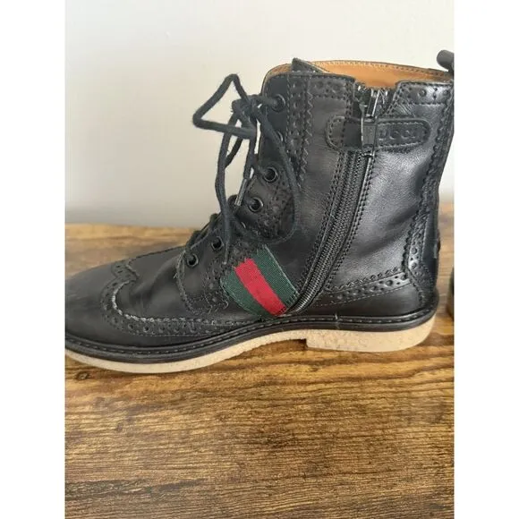 Gucci Youth US 13 Black Leather Combat Boots Side Zipper Wingtip‎ EU 31