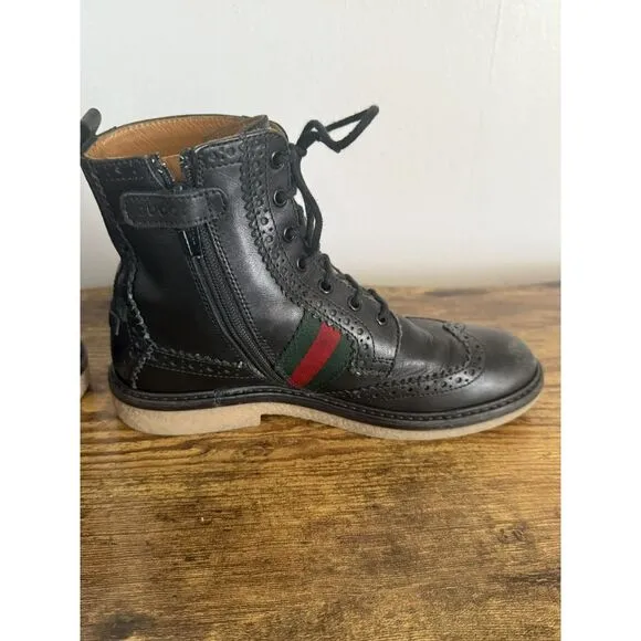 Gucci Youth US 13 Black Leather Combat Boots Side Zipper Wingtip‎ EU 31
