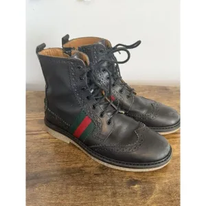 Gucci Youth US 13 Black Leather Combat Boots Side Zipper Wingtip‎ EU 31