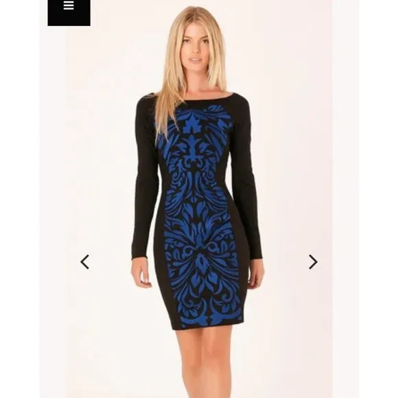 Hale Bob dress Embroidered Sheath Blue black Teri Long Sleeve sz S new