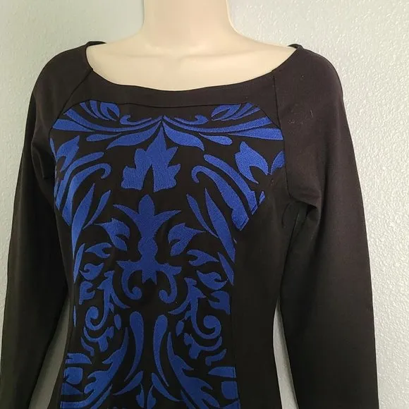 Hale Bob dress Embroidered Sheath Blue black Teri Long Sleeve sz S new