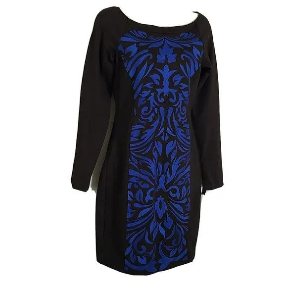 Hale Bob dress Embroidered Sheath Blue black Teri Long Sleeve sz S new