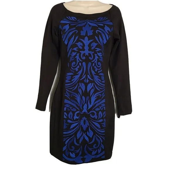 Hale Bob dress Embroidered Sheath Blue black Teri Long Sleeve sz S new