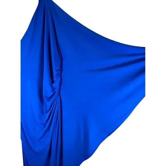 Halston Dress Women 16 Blue One Shoulder Maxi Ellen Jersey Cape Sleeve Gown Soft