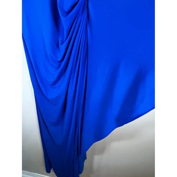 Halston Dress Women 16 Blue One Shoulder Maxi Ellen Jersey Cape Sleeve Gown Soft