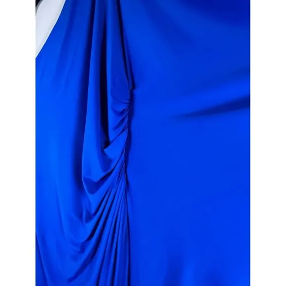 Halston Dress Women 16 Blue One Shoulder Maxi Ellen Jersey Cape Sleeve Gown Soft