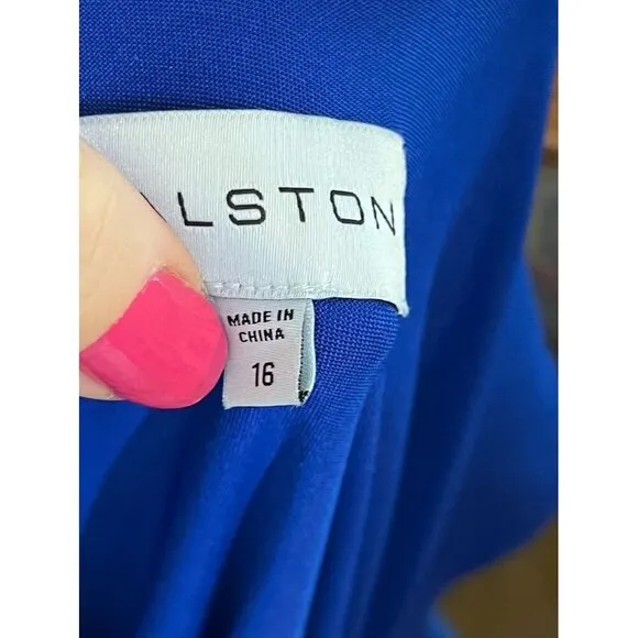 Halston Dress Women 16 Blue One Shoulder Maxi Ellen Jersey Cape Sleeve Gown Soft