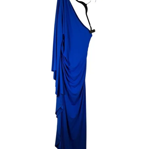 Halston Dress Women 16 Blue One Shoulder Maxi Ellen Jersey Cape Sleeve Gown Soft
