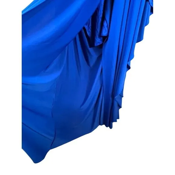 Halston Dress Women 16 Blue One Shoulder Maxi Ellen Jersey Cape Sleeve Gown Soft