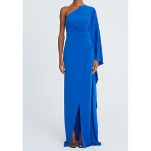 Halston Dress Women 16 Blue One Shoulder Maxi Ellen Jersey Cape Sleeve Gown Soft