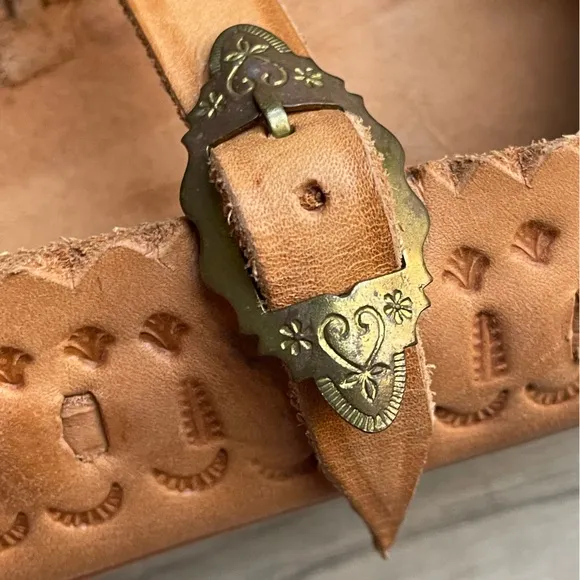 Handmade Leather Maryjane Style Flats Pointed Toe Brass Buckle Tan SZ 6-6.5