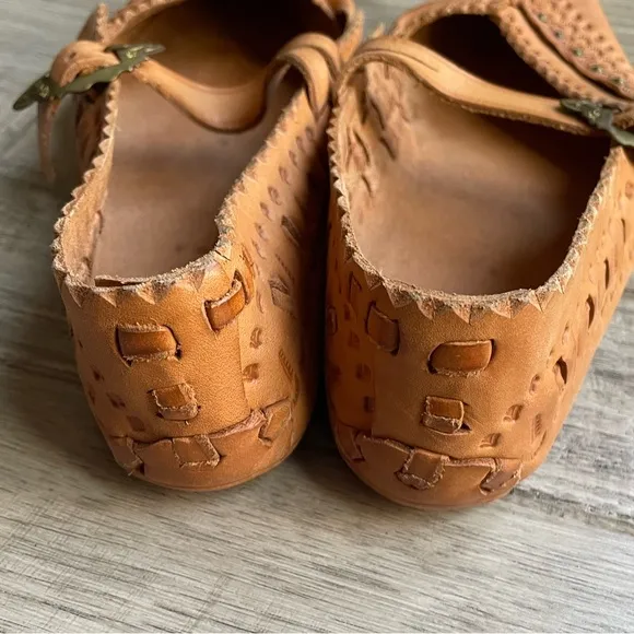 Handmade Leather Maryjane Style Flats Pointed Toe Brass Buckle Tan SZ 6-6.5