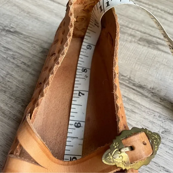 Handmade Leather Maryjane Style Flats Pointed Toe Brass Buckle Tan SZ 6-6.5