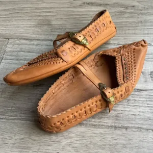 Handmade Leather Maryjane Style Flats Pointed Toe Brass Buckle Tan SZ 6-6.5