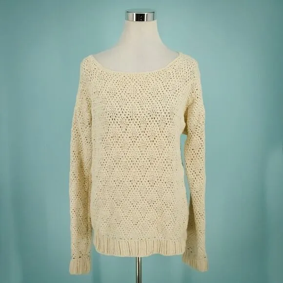 Harare Anthropologie Size Large L Ivory Crochet Boat Neck Cotton Sweater