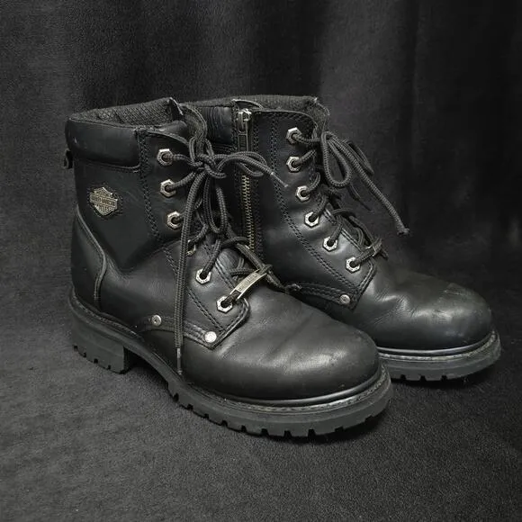 Harley Davidson Black Leather Steel Toe Boots Side Zip