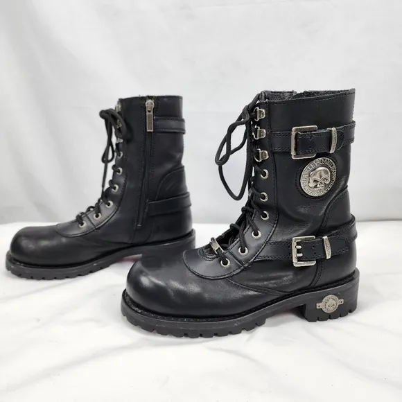 Harley-Davidson Leather Lace, Zip, Buckle Skull Boot Men’s Size 7.5