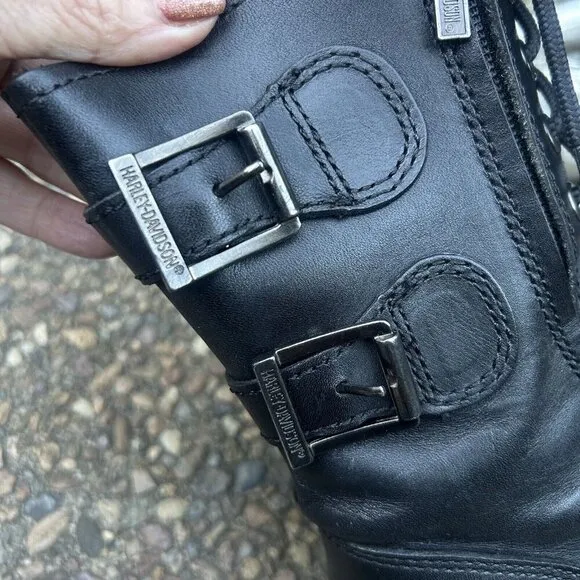 Harley Davidson Men’s Black Leather Lace Up Side Zip Biker Boots Size 8