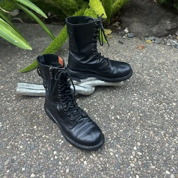 Harley Davidson Men’s Black Leather Lace Up Side Zip Biker Boots Size 8