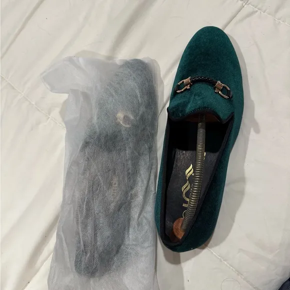 Harper Green Velvet Loafers with Gold Accent