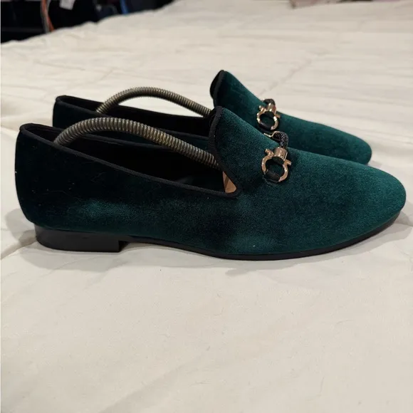 Harper Green Velvet Loafers with Gold Accent