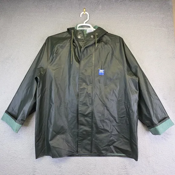 Helly Hansen Rain Coat Men L Green Hooded Waterproof Outdoor Jacket Fishing Boat
