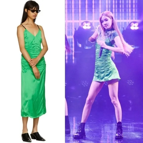HELMUT LANG 90s Emerald Italian Satin Sleeveless Ruched V-Neck Midi Slip Dress 8