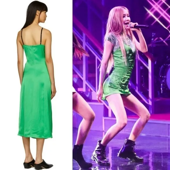 HELMUT LANG 90s Emerald Italian Satin Sleeveless Ruched V-Neck Midi Slip Dress 8