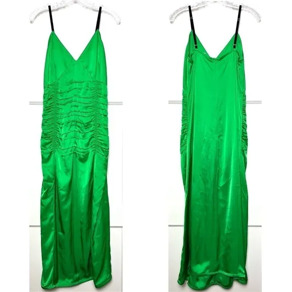 HELMUT LANG 90s Emerald Italian Satin Sleeveless Ruched V-Neck Midi Slip Dress 8