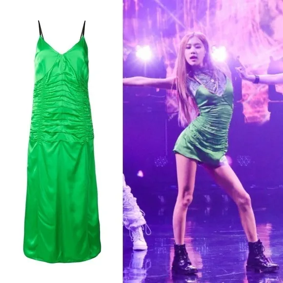 HELMUT LANG 90s Emerald Italian Satin Sleeveless Ruched V-Neck Midi Slip Dress 8