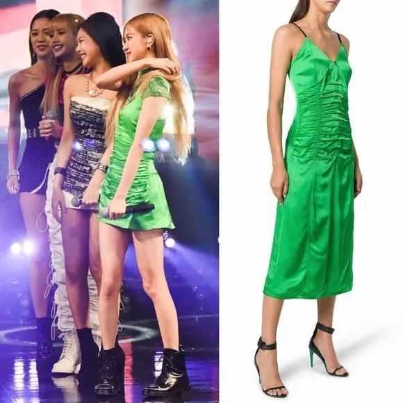 HELMUT LANG 90s Emerald Italian Satin Sleeveless Ruched V-Neck Midi Slip Dress 8