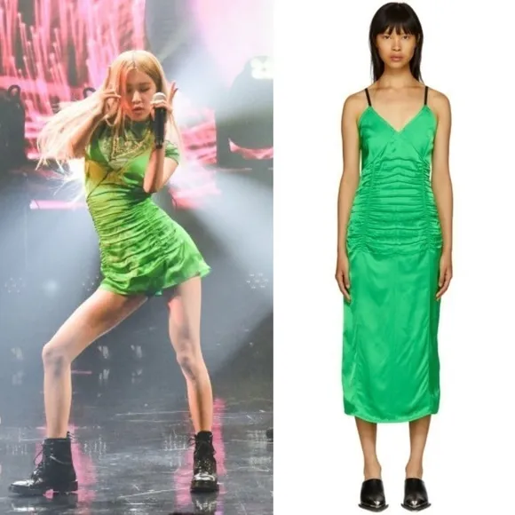 HELMUT LANG 90s Emerald Italian Satin Sleeveless Ruched V-Neck Midi Slip Dress 8
