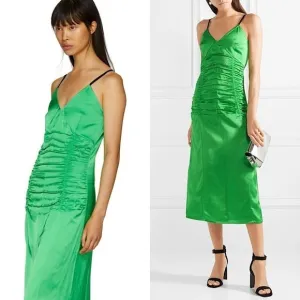 HELMUT LANG 90s Emerald Italian Satin Sleeveless Ruched V-Neck Midi Slip Dress 8