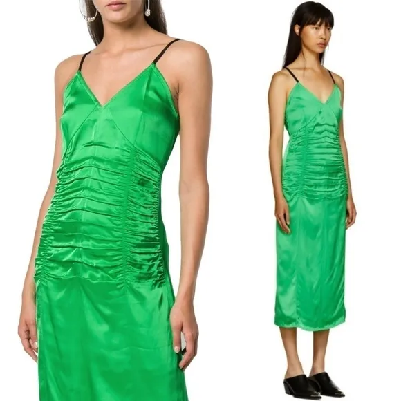 HELMUT LANG 90s Emerald Italian Satin Sleeveless Ruched V-Neck Midi Slip Dress 8