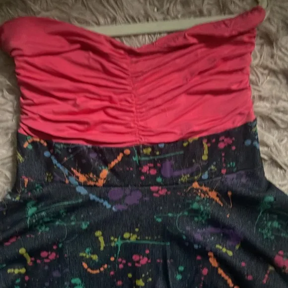 Hot pink and denim strapless dress