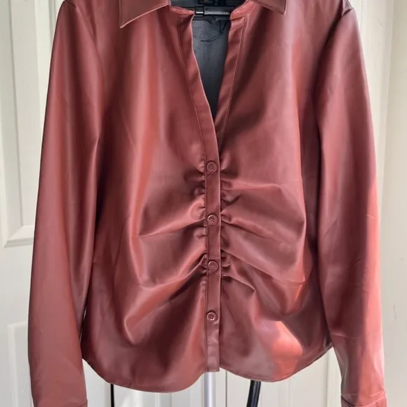 House of Harlow 1960 Brown Fleece Vegan Leather Jacket Blouse Top, Size M