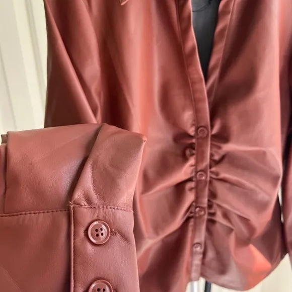 House of Harlow 1960 Brown Fleece Vegan Leather Jacket Blouse Top, Size M