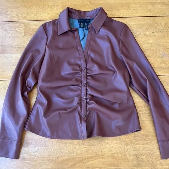 House of Harlow 1960 Brown Fleece Vegan Leather Jacket Blouse Top, Size M