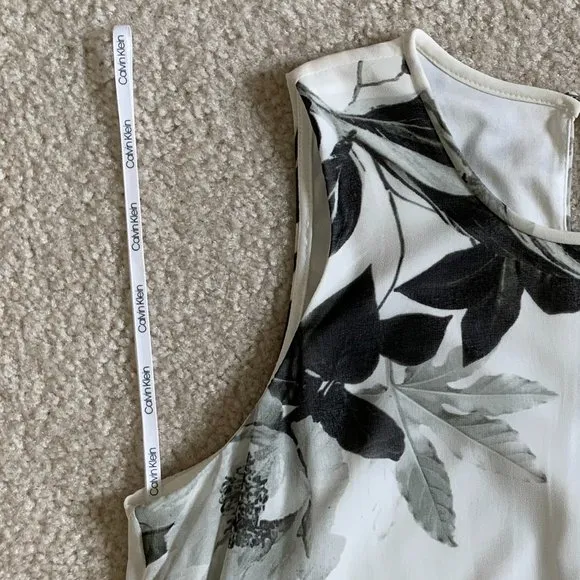 🎉HP🎉 Calvin Klein Sz 6 Women Grey &amp; White Floral Tropical Sleeveless Dress EUC